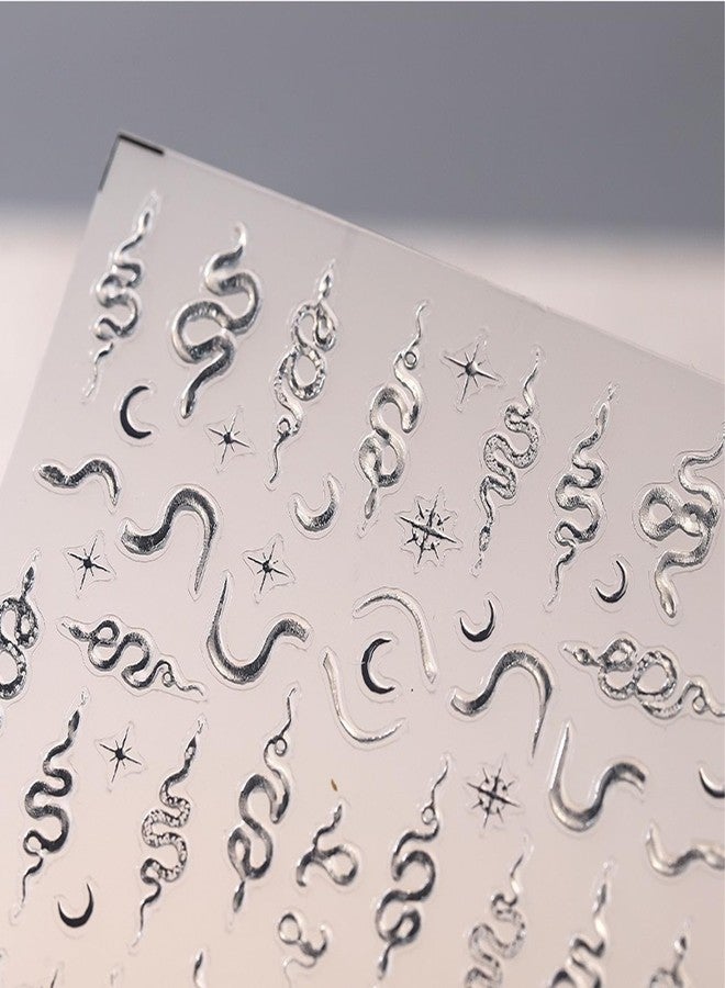 Sevgob 5D Embossed Snake Nail Art Stickers Silver Snake Nail Stickers Self-Adhesive Spring Nail Decals Moon Star Nail Art for Acrylic Nails Press on Snake Nail Supplies for Women Girls Manicure DIY - Image 2